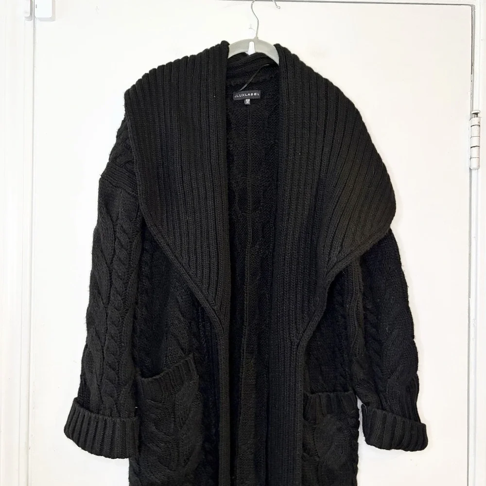JLux Label  The Tone Cardigan Oversized Duster Maxi Chunky Cable Knit Black S/M